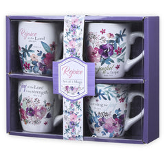 Christian Art Gifts Rejoice mug set four 11oz ceramic mugs pink interior