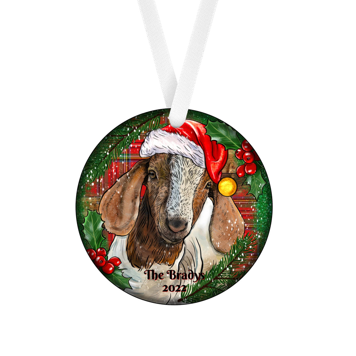 Christmas Boer Goat Personalized Ornament 3x3 two-sided print with hanging ribbon