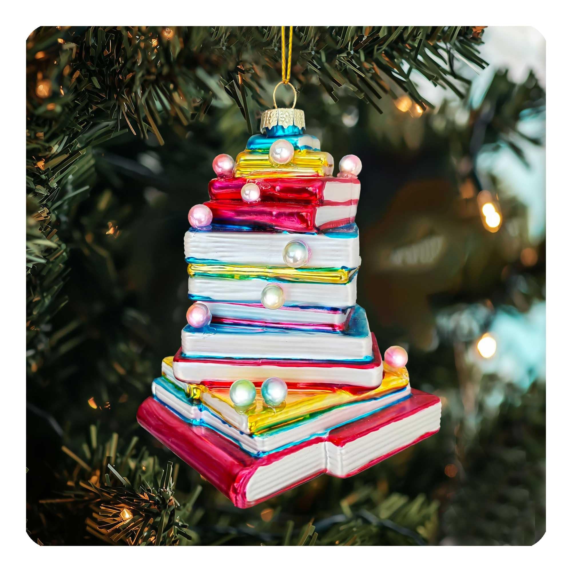 Christmas Book Tree 3D Glass Ornament hanging with gold string