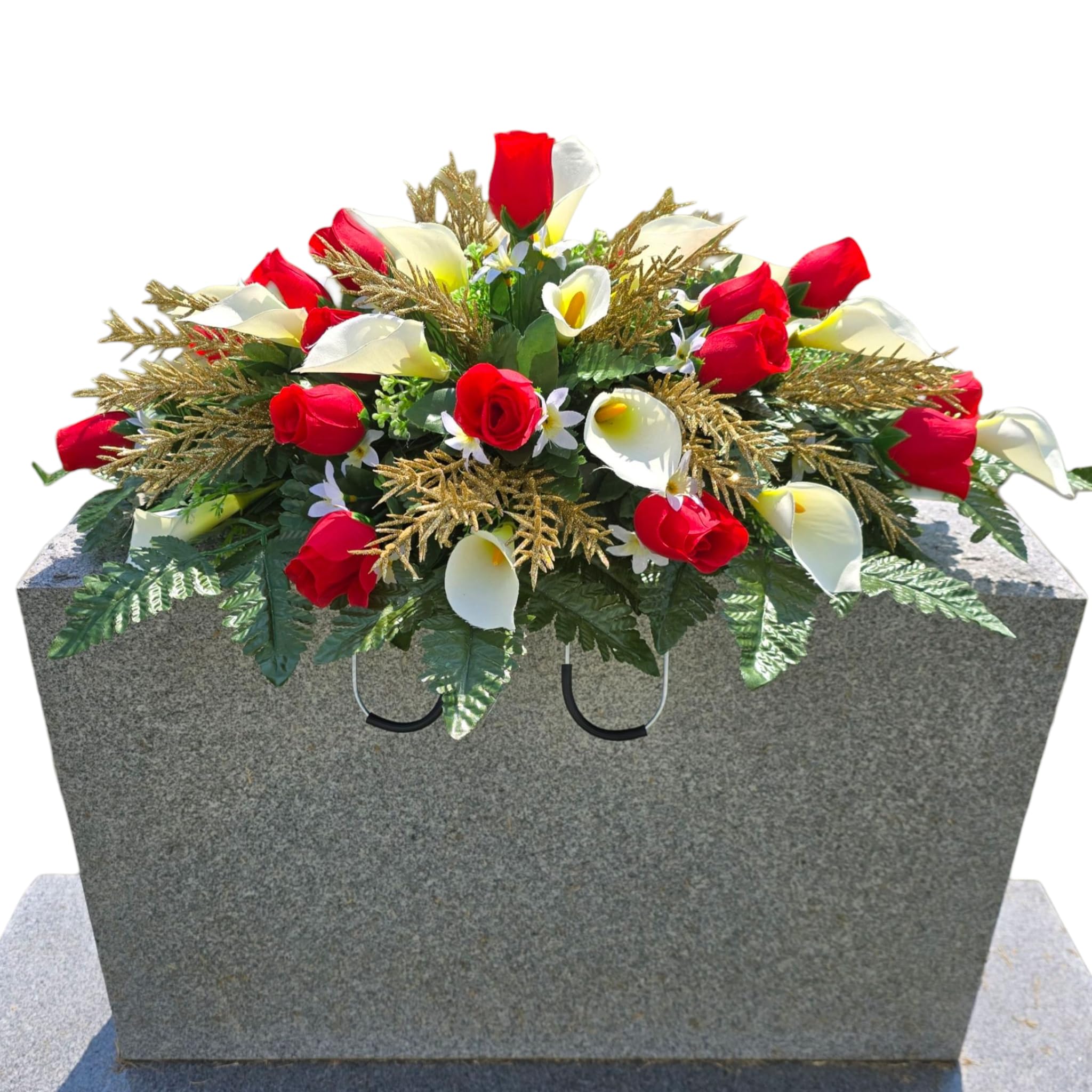 Christmas Cemetery Saddle with red rosebuds and cream calla lilies