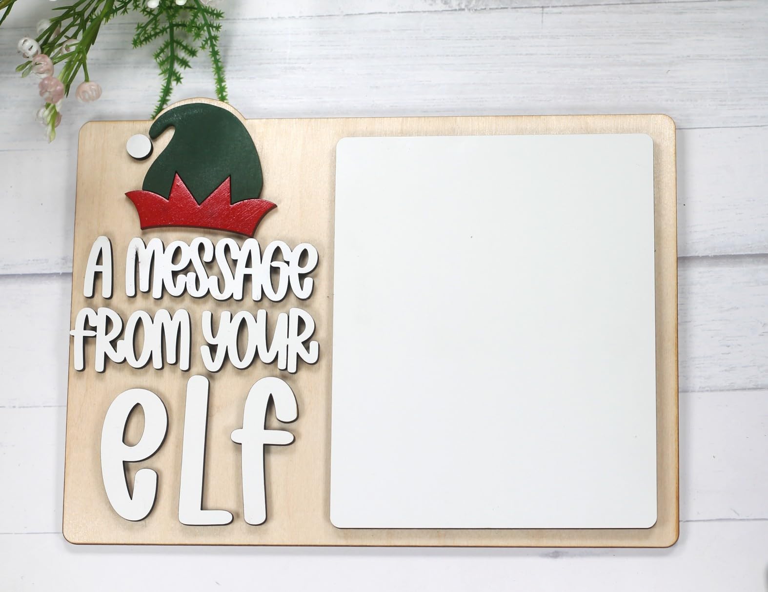 Birch sign Christmas elf with whiteboard area 7x5 inches