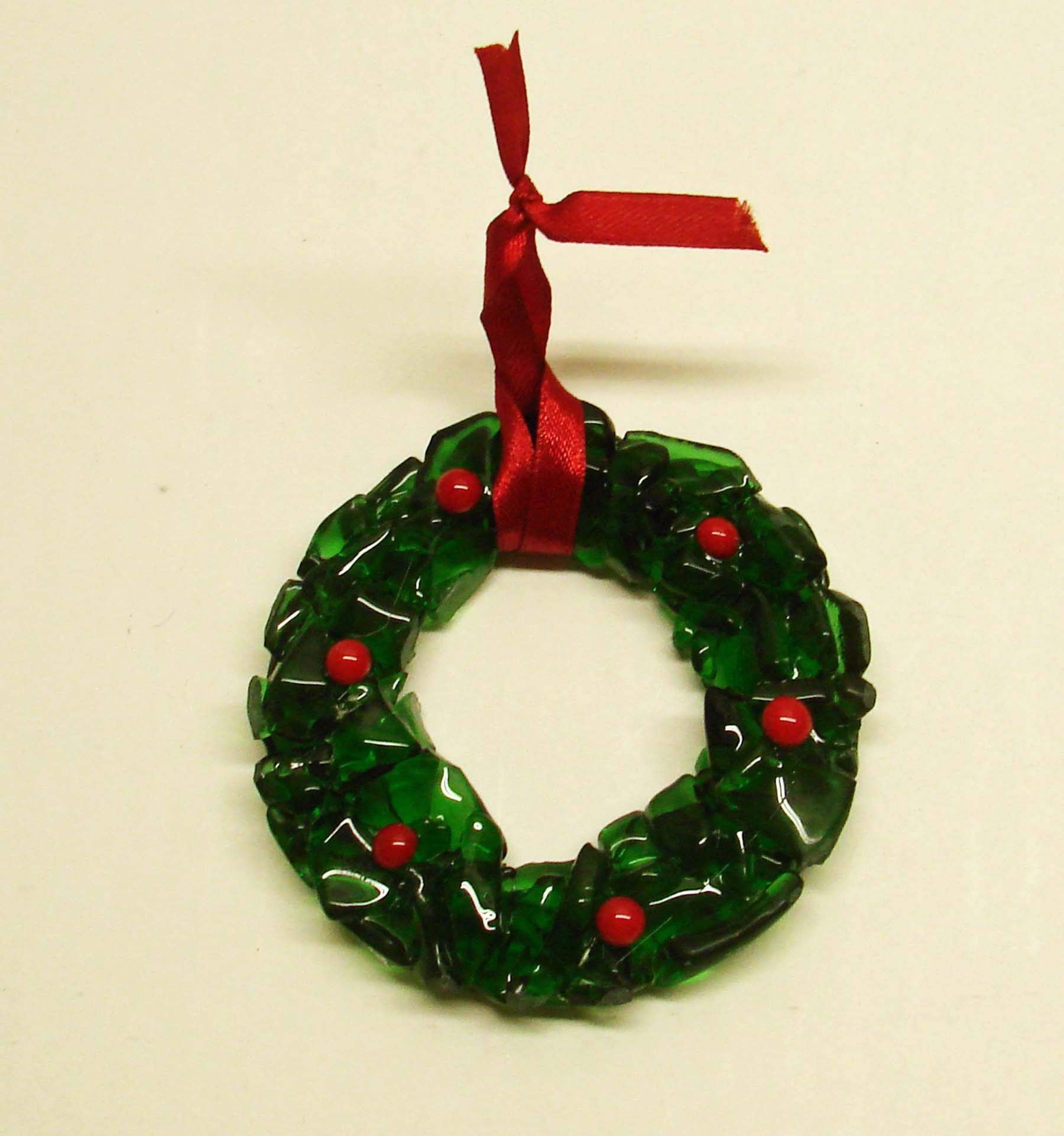 Circular wreath formed from fused bottle glass