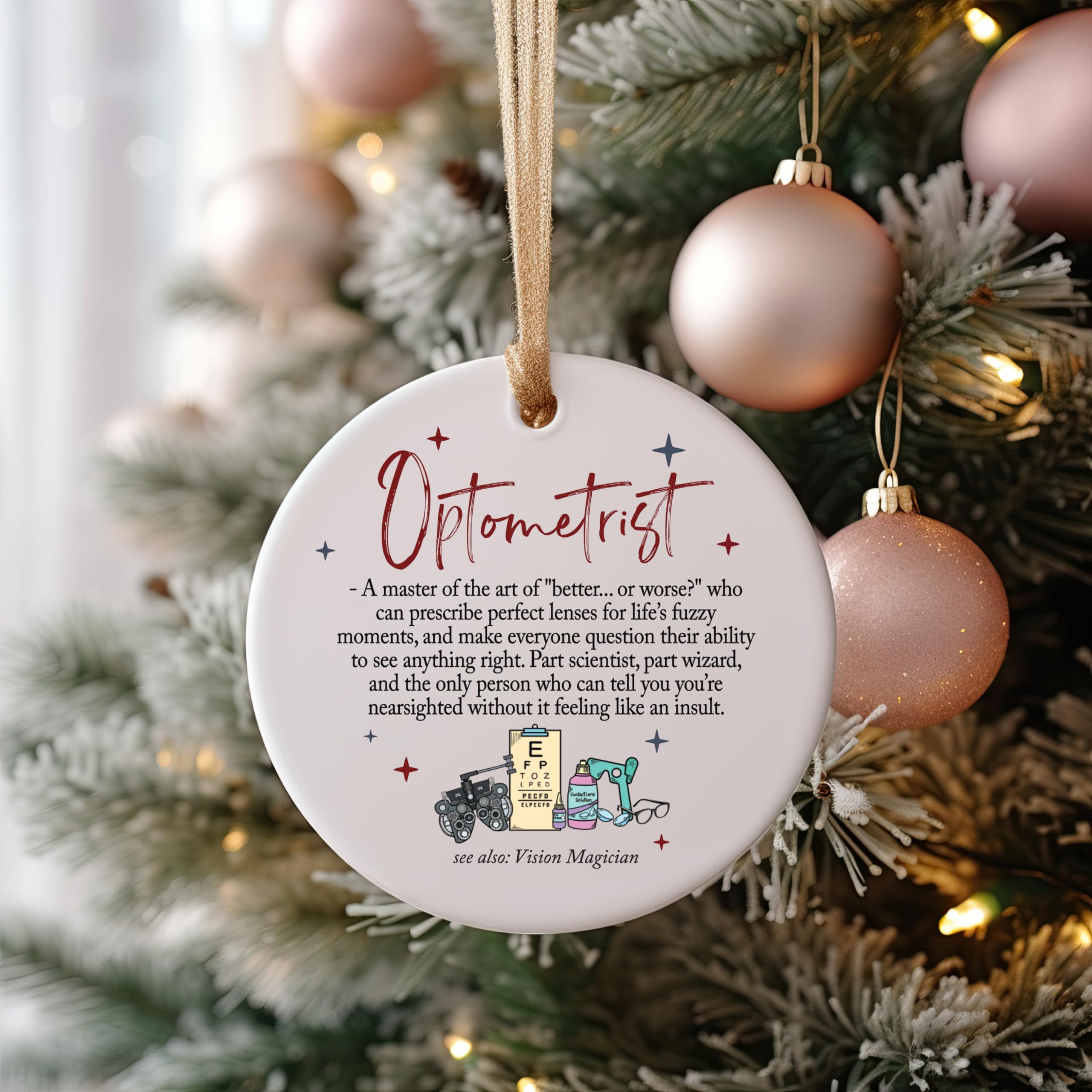 Christmas keepsake ornament with red and gold ribbons