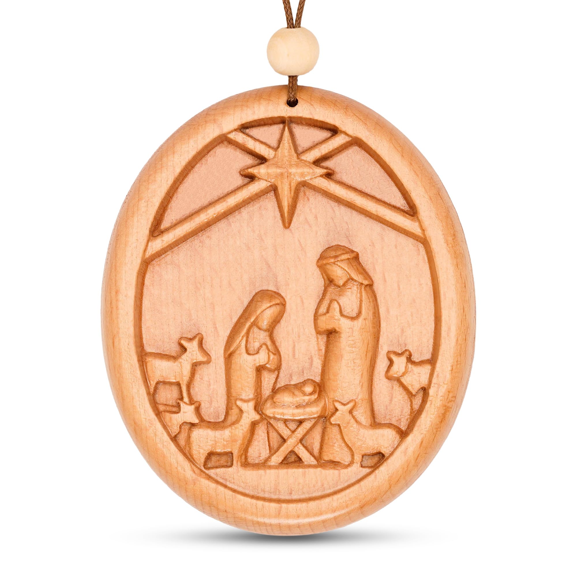 Wooden nativity ornament featuring the Holy Family for Christmas