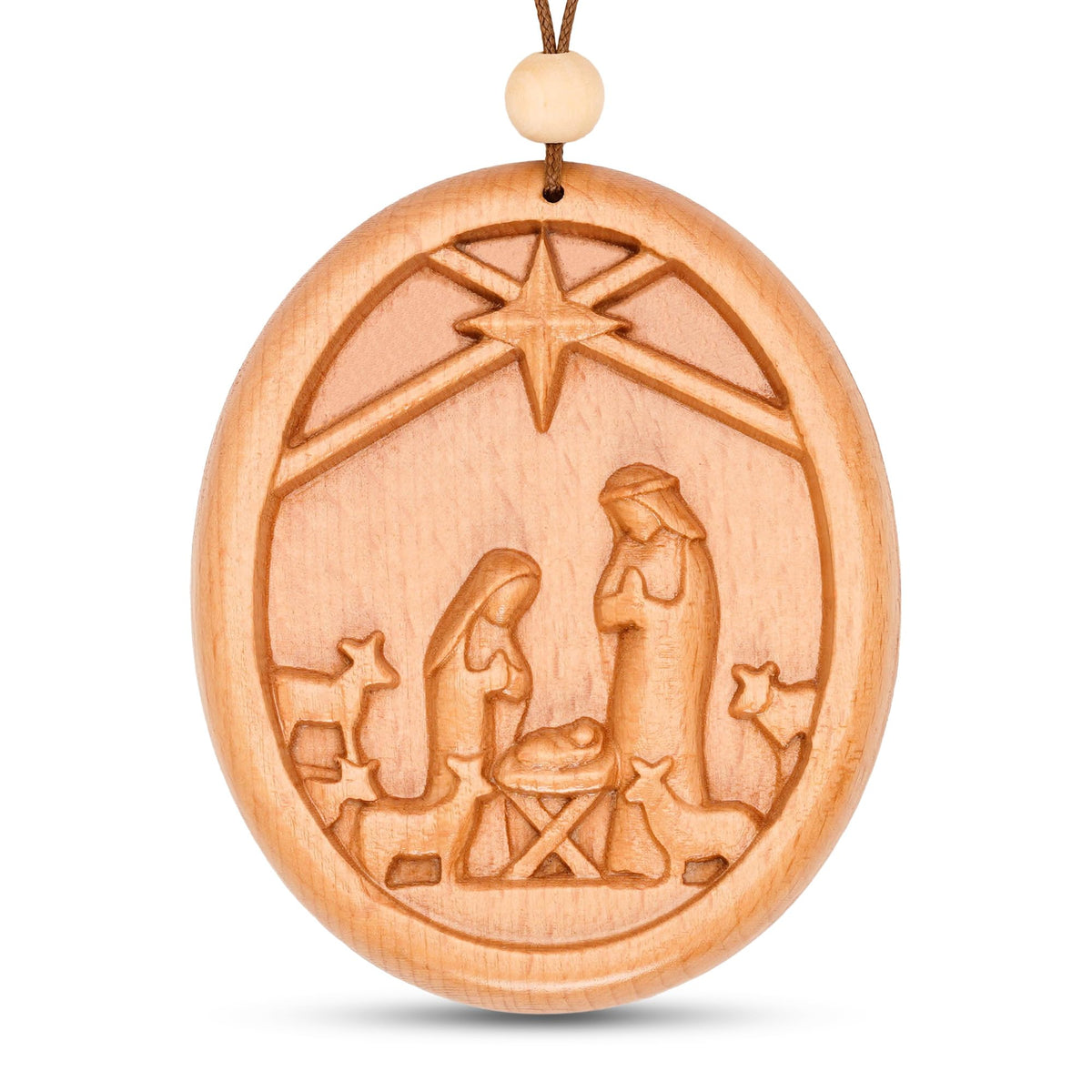 Wooden nativity ornament featuring the Holy Family for Christmas