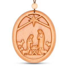 Wooden nativity ornament featuring the Holy Family for Christmas