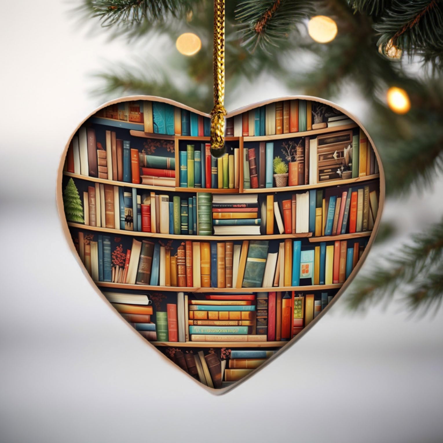 Christmas tree ornament for book lovers with gold string