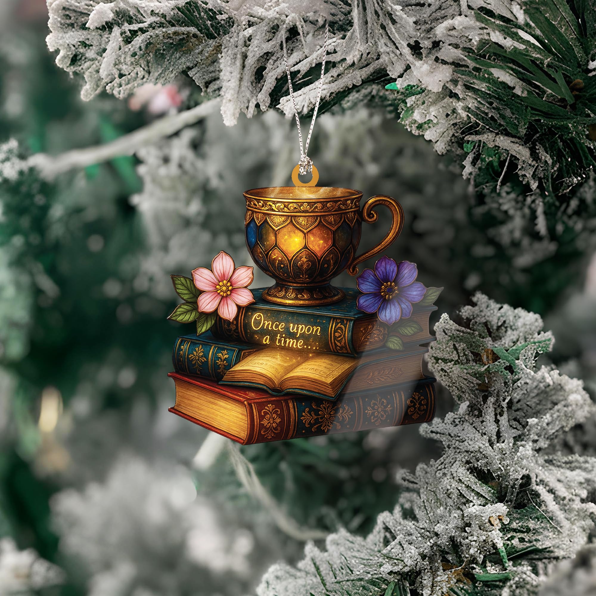 Ready to gift packaging for bookish ornament with story card
