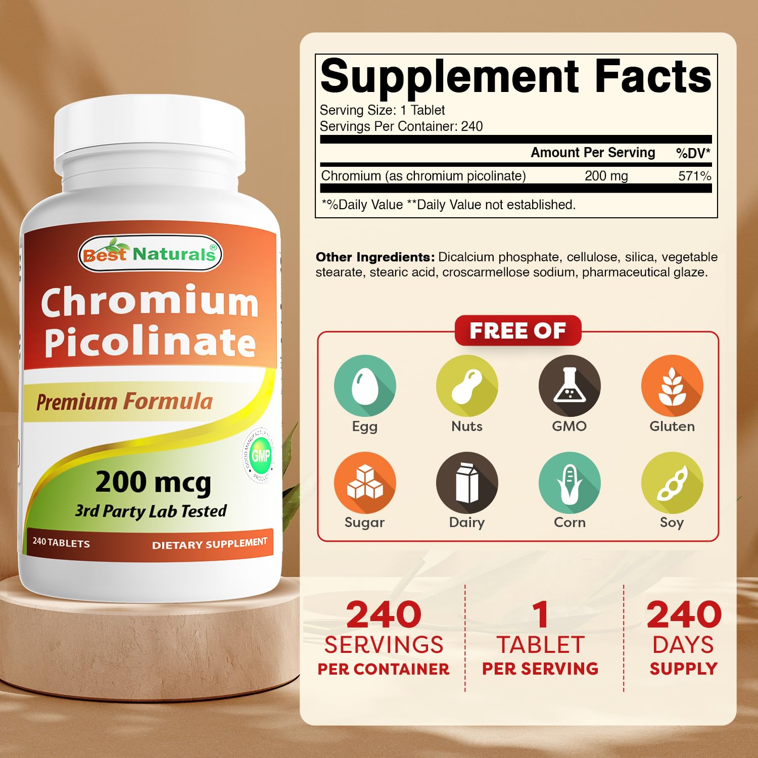 Chromium picolinate tablet 200 mcg 240 count packaging