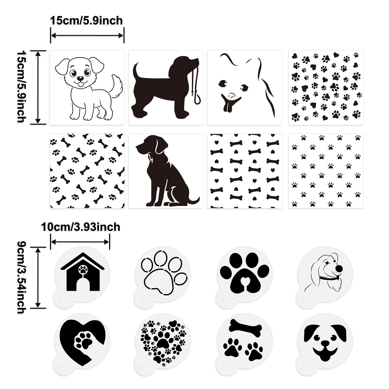 Dog paw print stencil pattern two sizes 15x15 cm and 11x9 cm