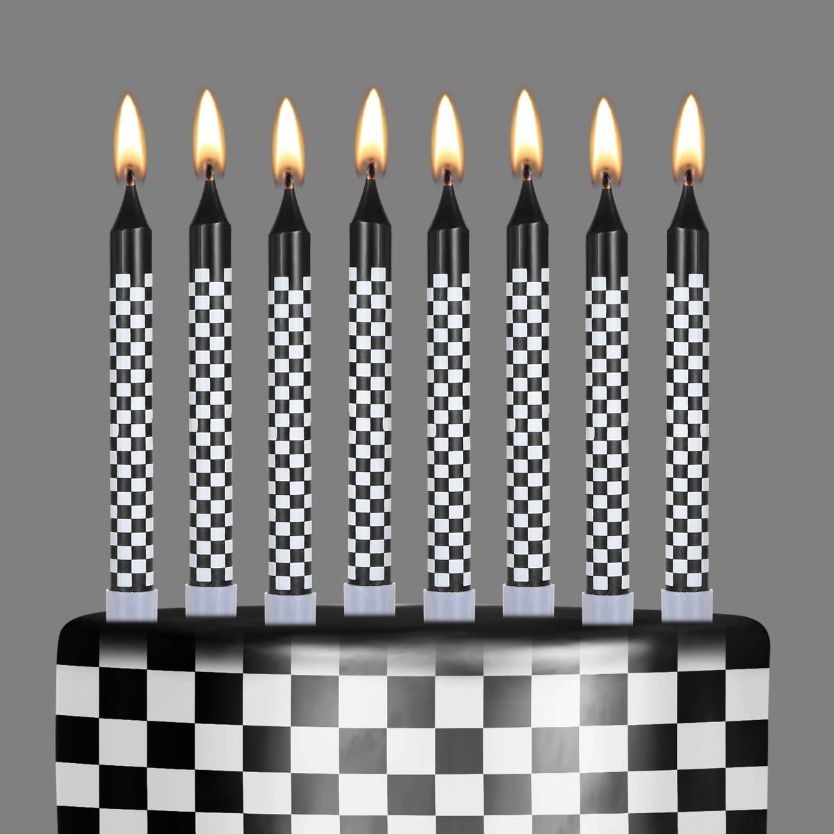 Cindeer racing cars birthday candles in black and white checkered pattern