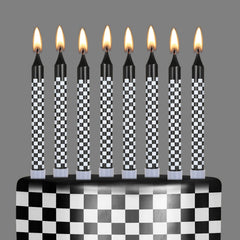 Cindeer racing cars birthday candles in black and white checkered pattern