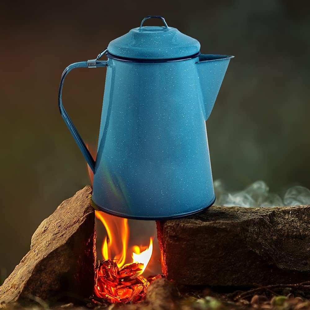 Giftable turquoise enamelware coffee pot for camping