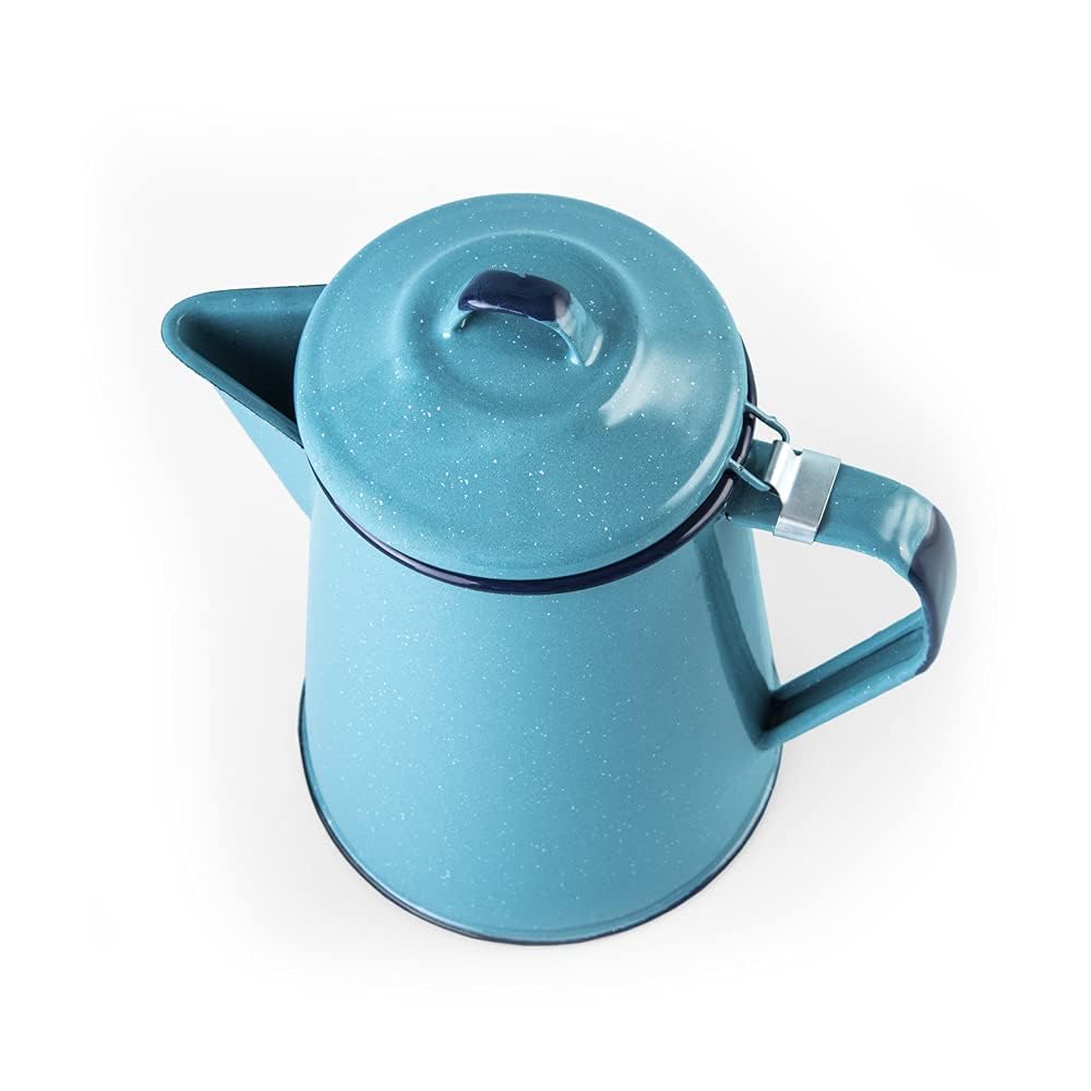 Turquoise enamelware coffee pot for camping outdoors