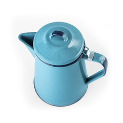 Turquoise enamelware coffee pot for camping outdoors