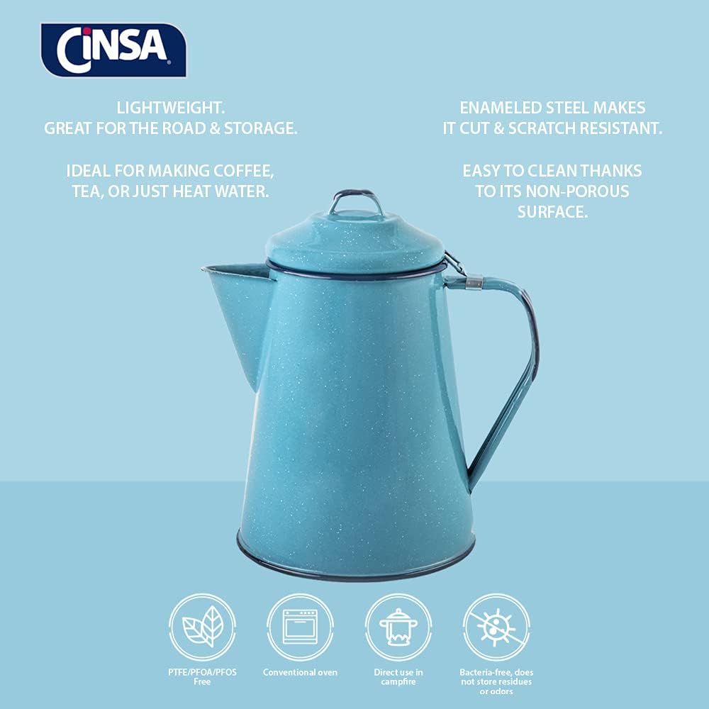 Antibacterial technology enamelware coffee pot text