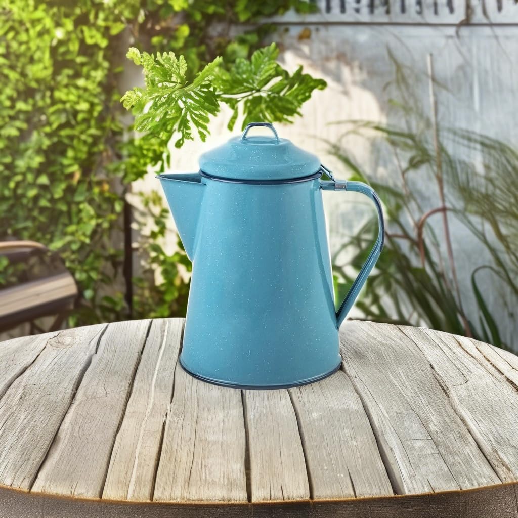 Vintage farmhouse style enamelware coffee pot turquoise