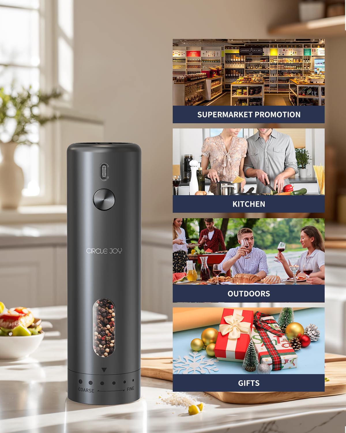 Compact black pepper grinder with hygienic design