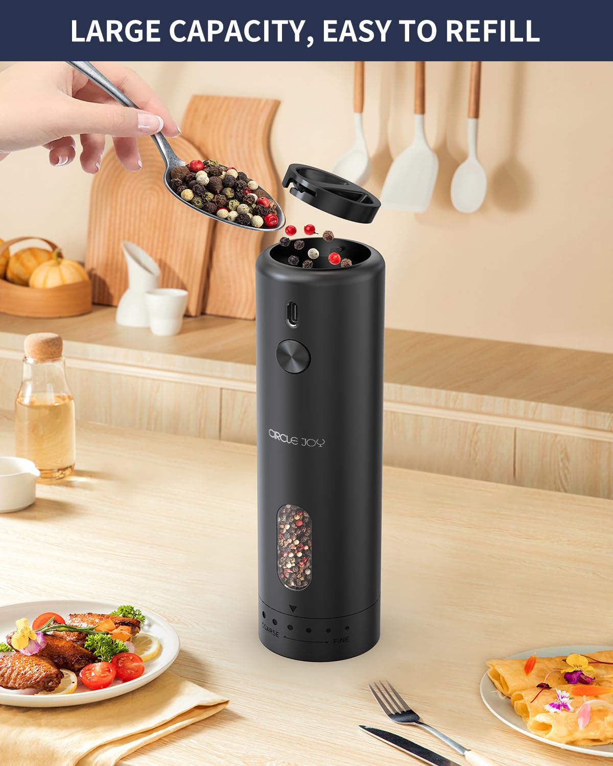 Black ABS pepper grinder with integrated LED light