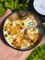 Pentacle charm Calendula flowers and yellow glitter decor on candle