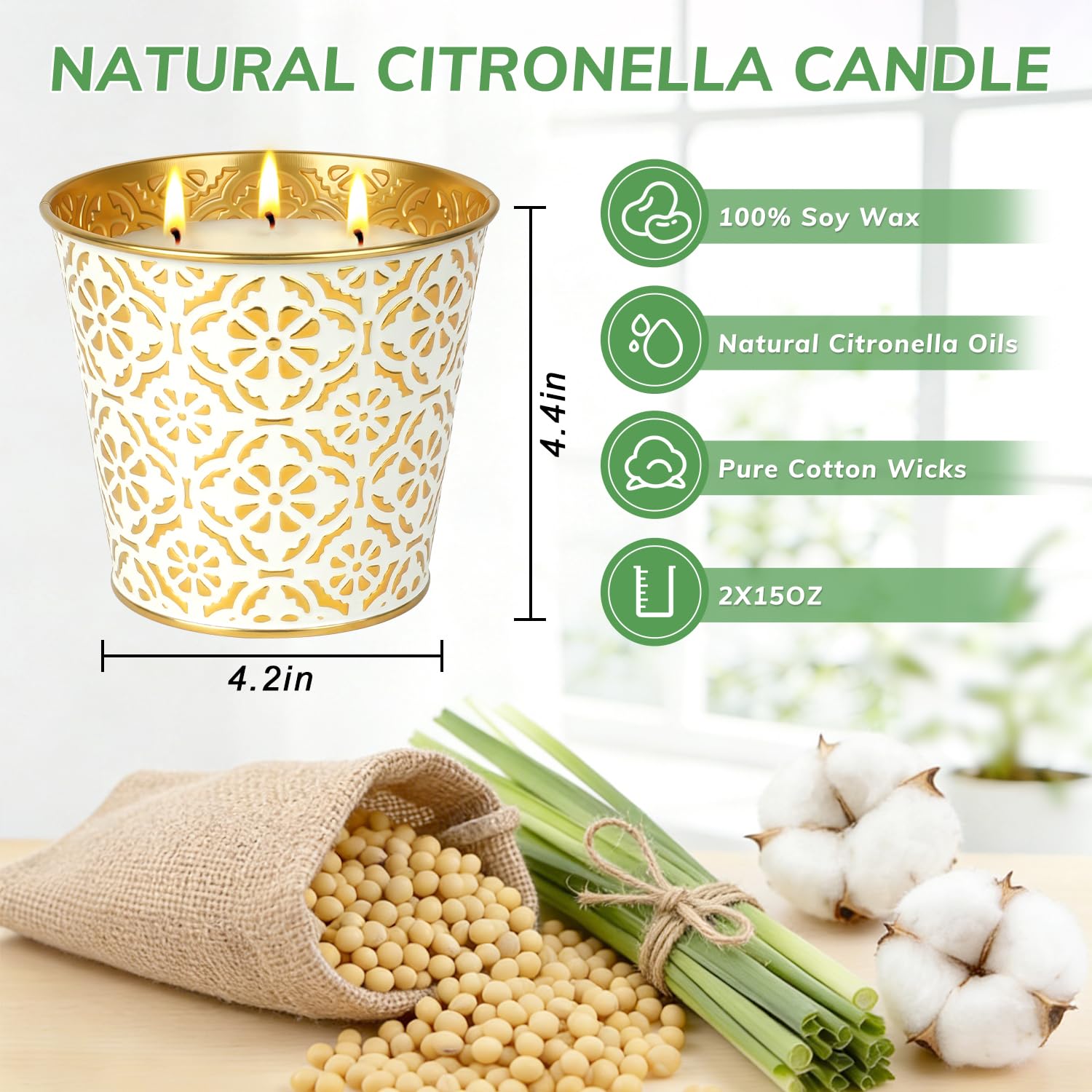 Natural soy wax with lead-free cotton wick configuration
