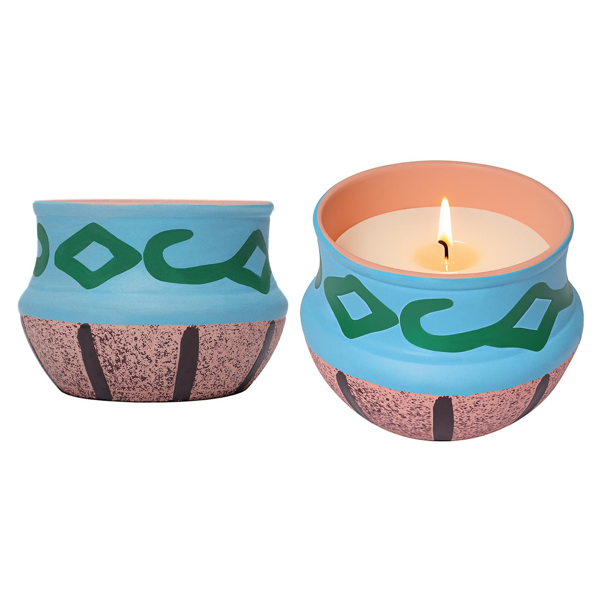 Two citronella candles in a coarse pottery container