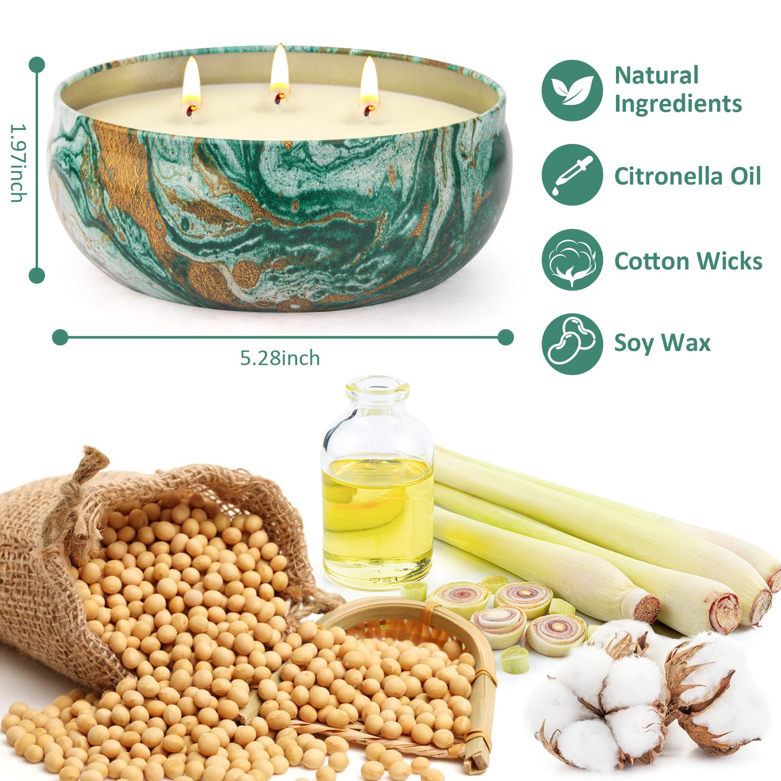 large 3-wick soy wax citronella candle tin outdoor