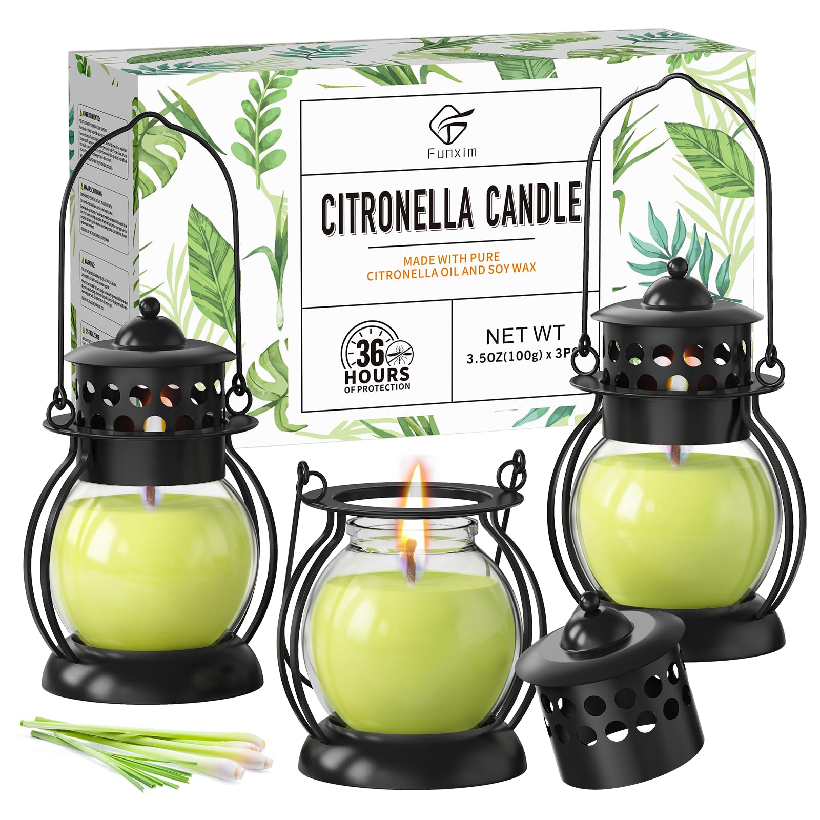 Citronella Candles Outdoor 3 Pack shown with metal lantern for patio