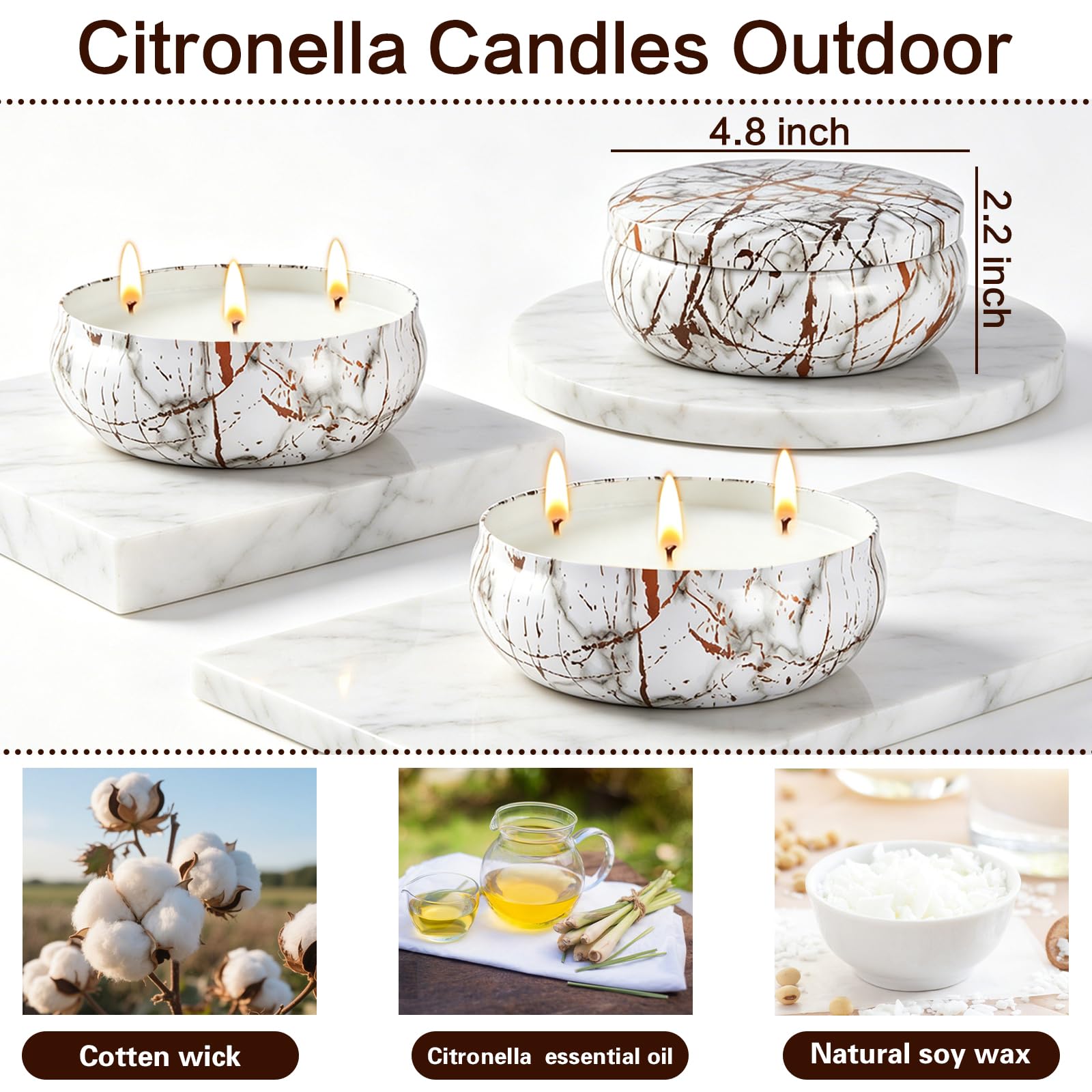 Outdoor citronella candle for patio with 3-wick burn