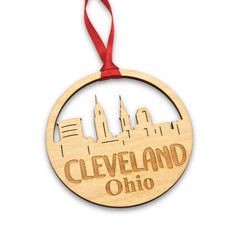 Wooden Cleveland Ohio skyline ornament sealed with protective coating