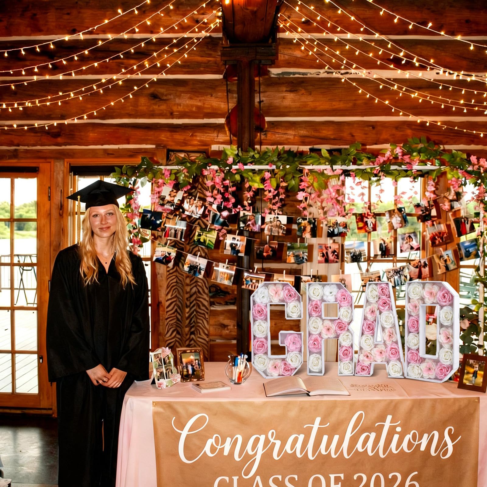 Class of 2026 table decor with 3D floral wall effect