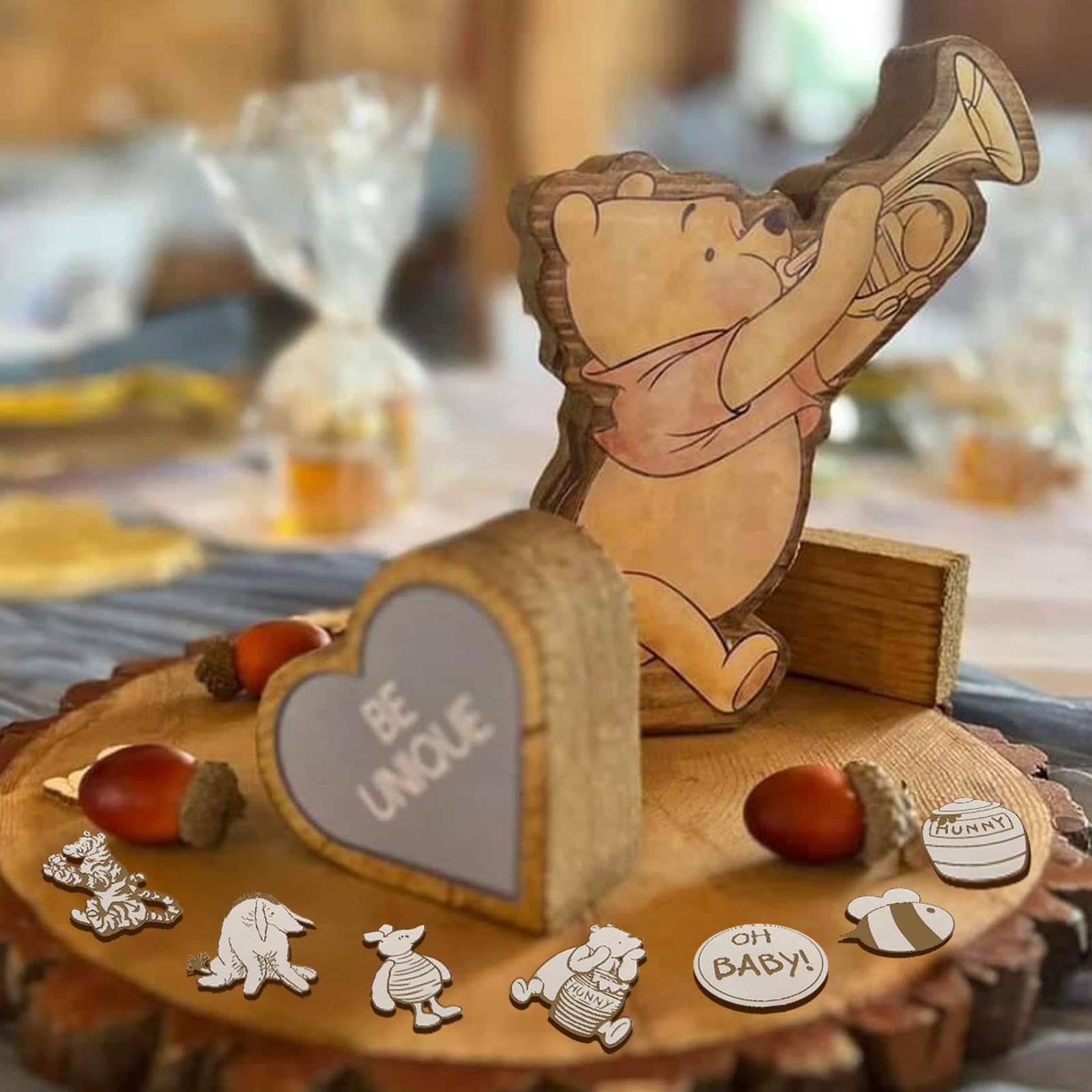 Classic Winnie signs printed on wooden confetti for tables