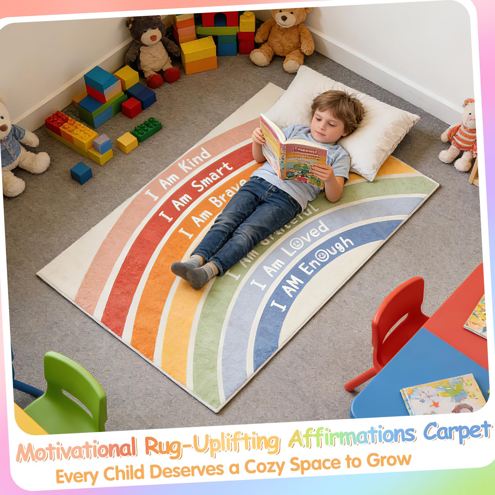 Low profile plush Rainbow Classroom Rug for kids spaces