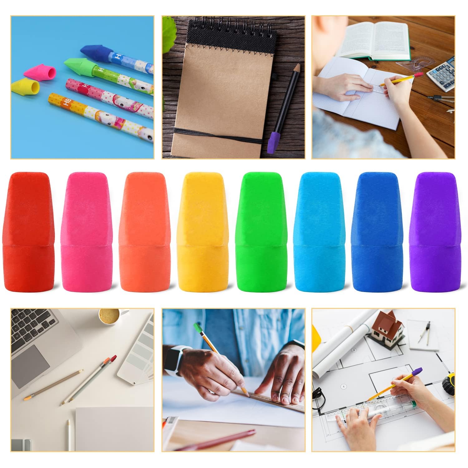 Bright colorful pencil cap erasers for teachers and kids