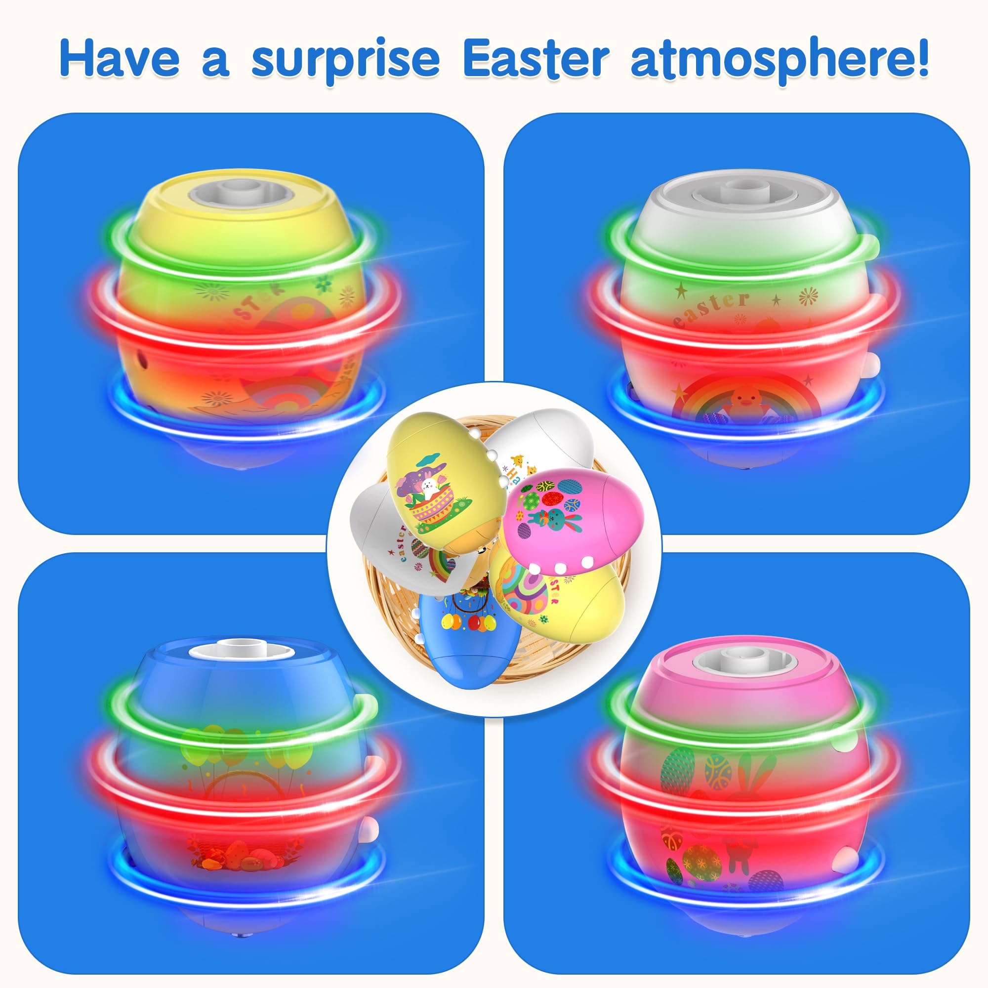 Easter egg designs featuring bunnies rainbows baskets and balloons