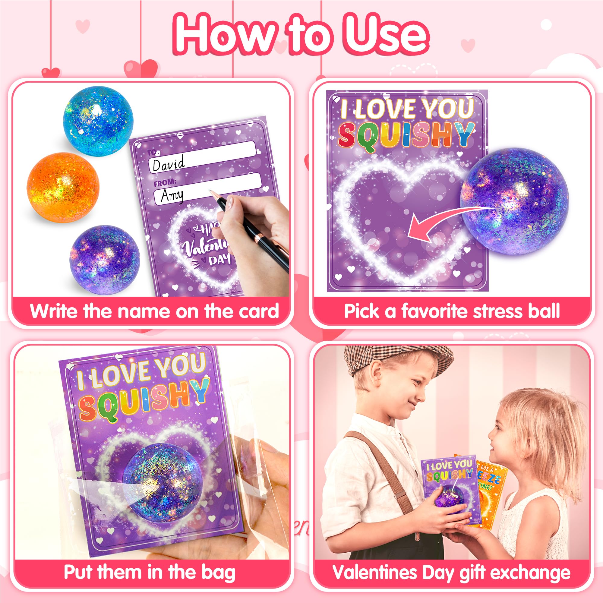Classroom valentines gift set includes 24 cards and 24 stress balls