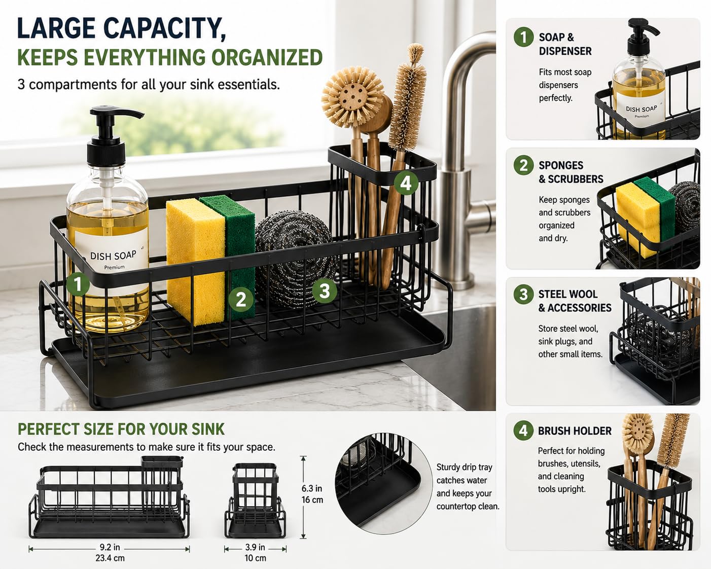 Compact space-saving sink organizer for daily kitchen use