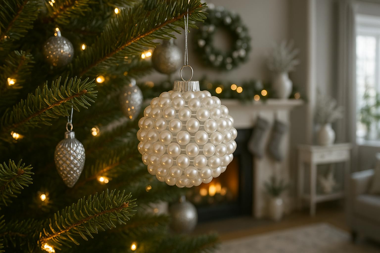 Clear acrylic ball ornament with pearl detailing for Christmas decor