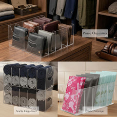Clear acrylic belt organizer used for belts and socks in closet