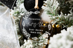 Clear acrylic ornament with baby last name and arrival date