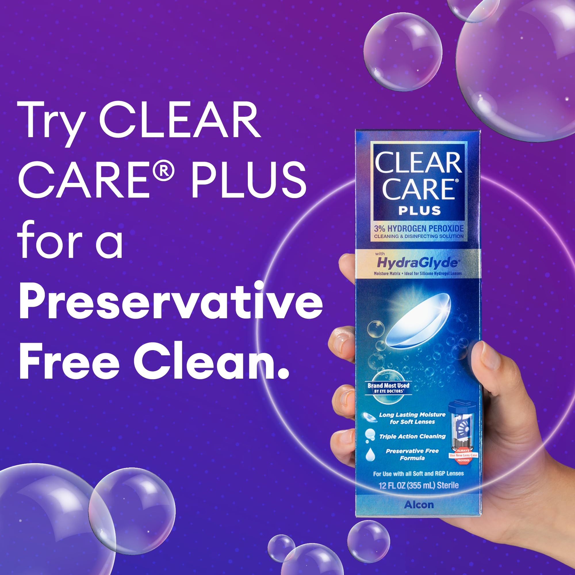Preservative-free CLEAR CARE Plus contact lens solution packaging
