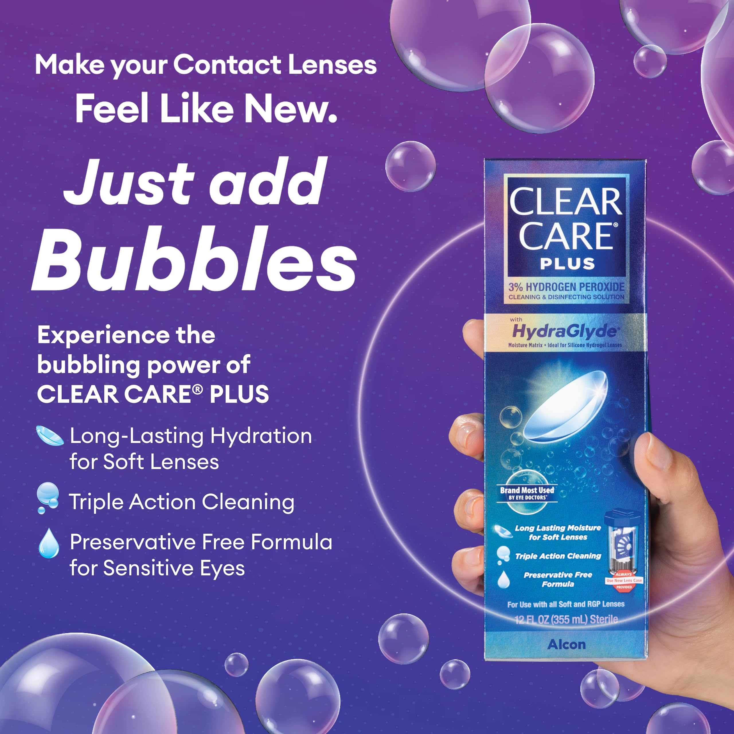 Triple Action Cleaning System icon on CLEAR CARE Plus bottle