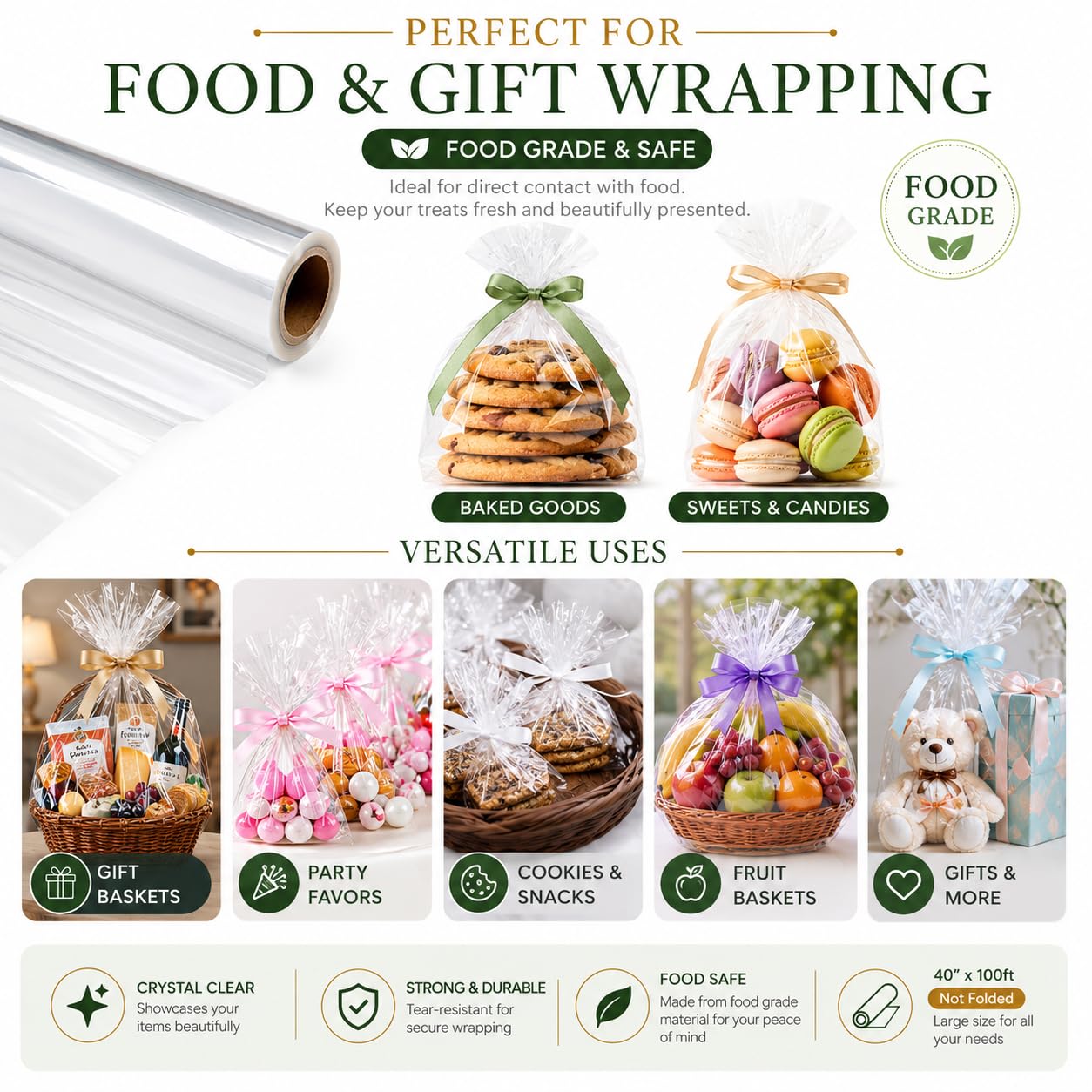 Gift basket wrapped with clear cellophane wrap roll from Craft and Party