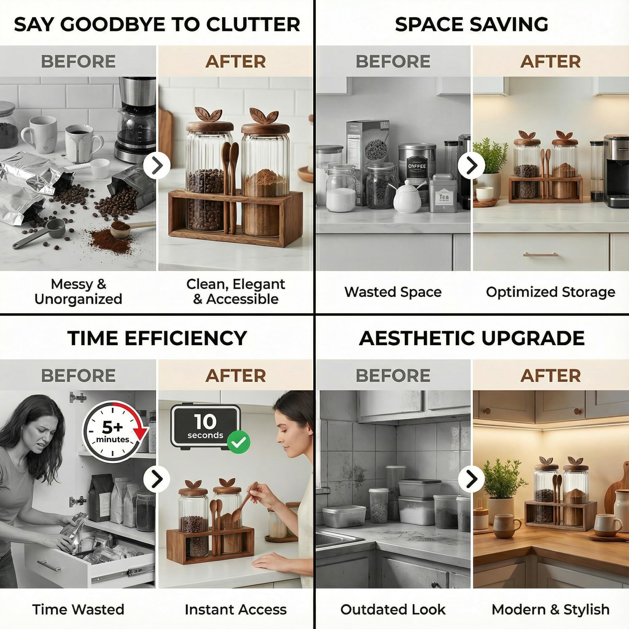 Countertop coffee bar storage set on kitchen counter