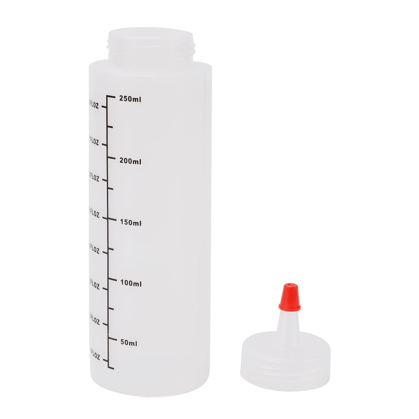 Transparent 8 oz bottle showing black scale design