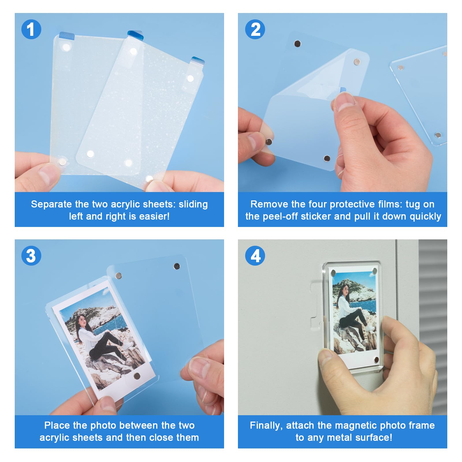 Clear acrylic refrigerator photo frame for magnetic surfaces