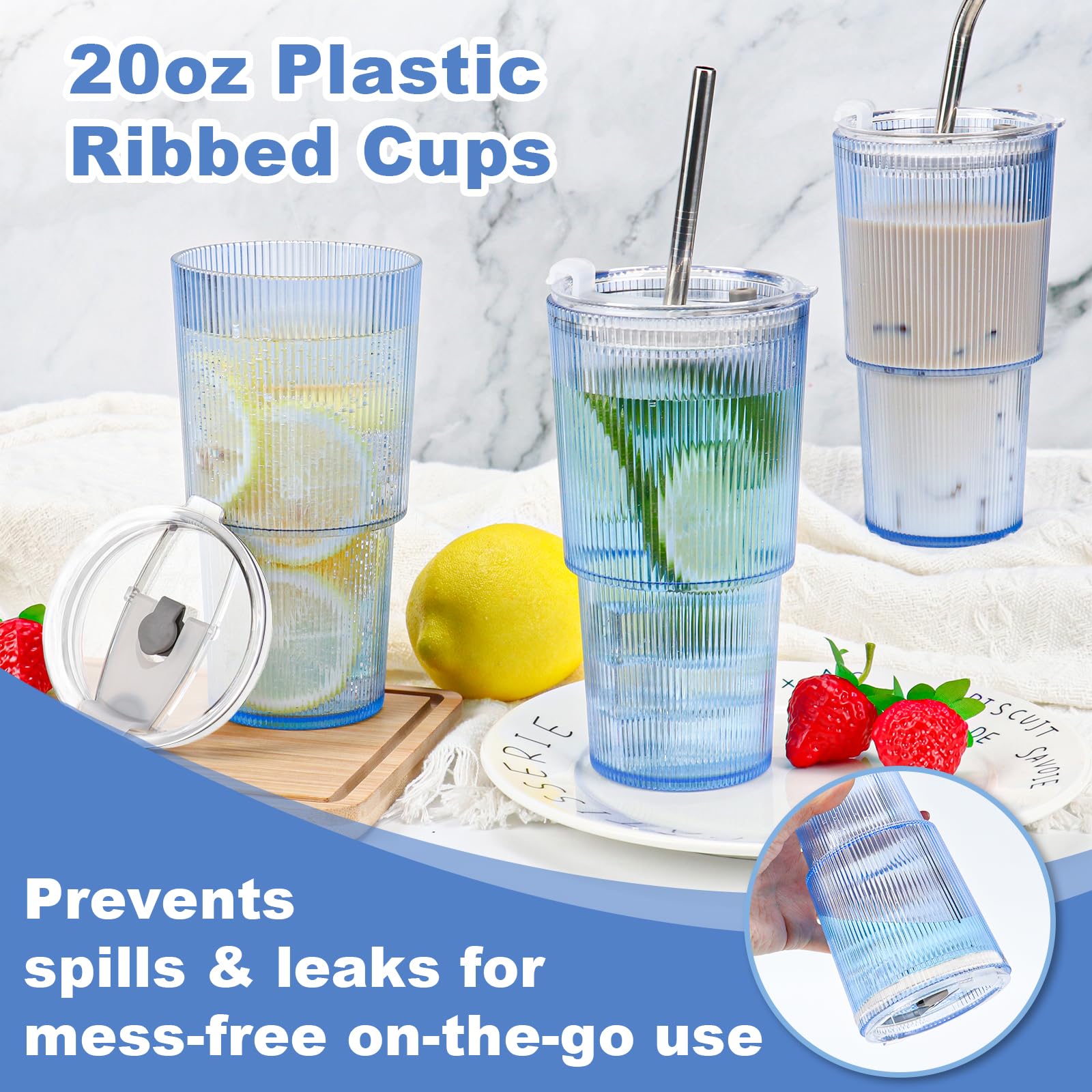 Lid with silicone gasket on blue ribbed tumbler