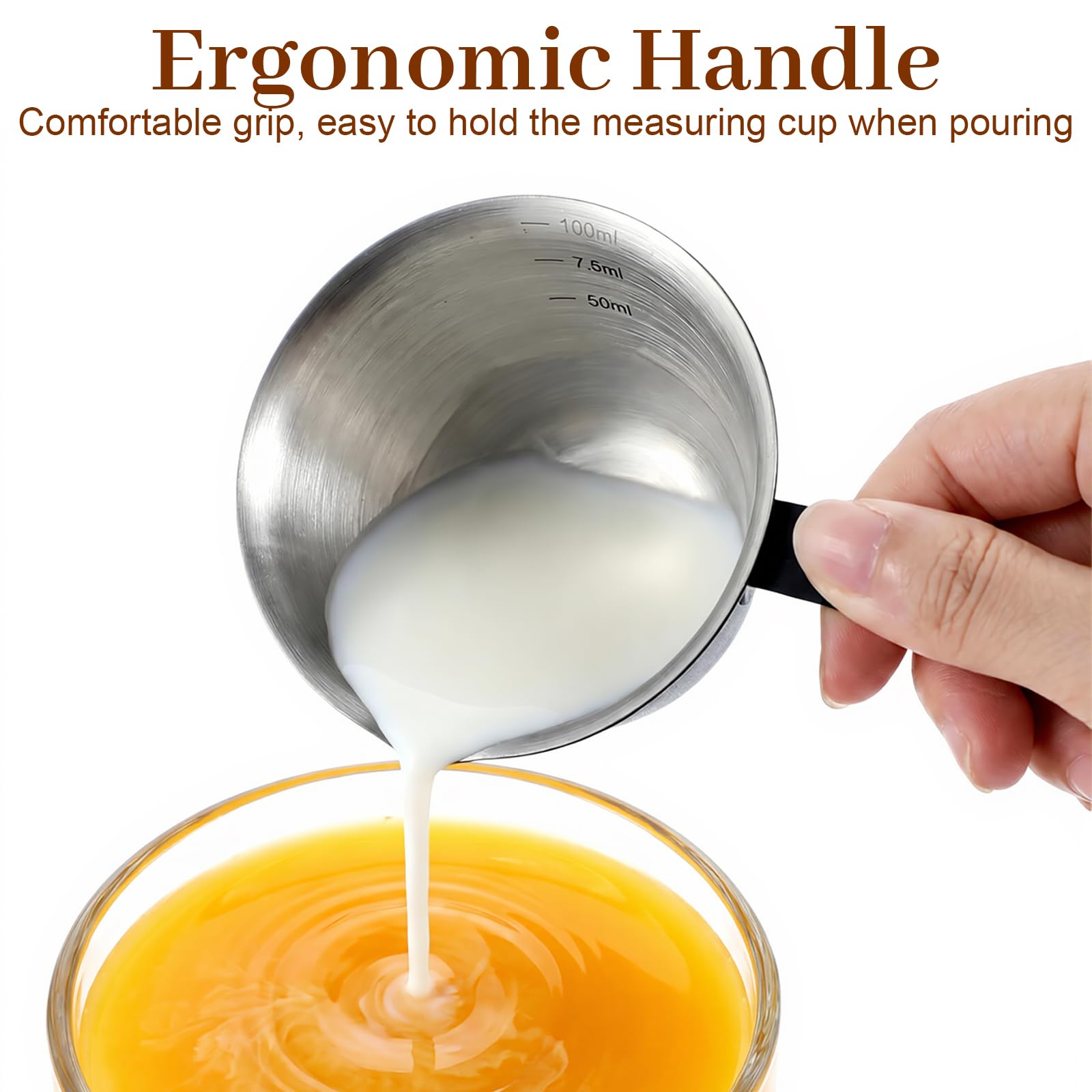 Stainless steel cups with embossed milliliter scale for precise measurement