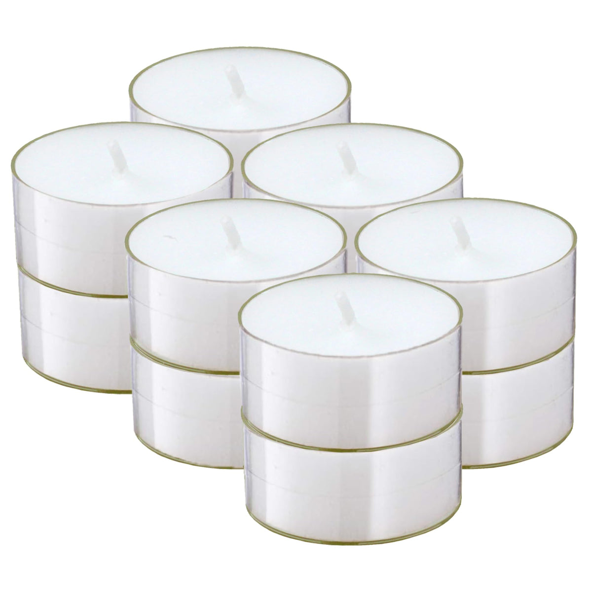 Clear white tea light candles in clear cups 12 pack