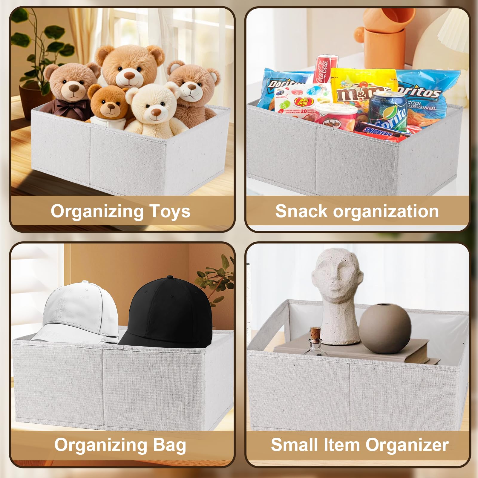 Beige linen closet organizer bin set on shelves